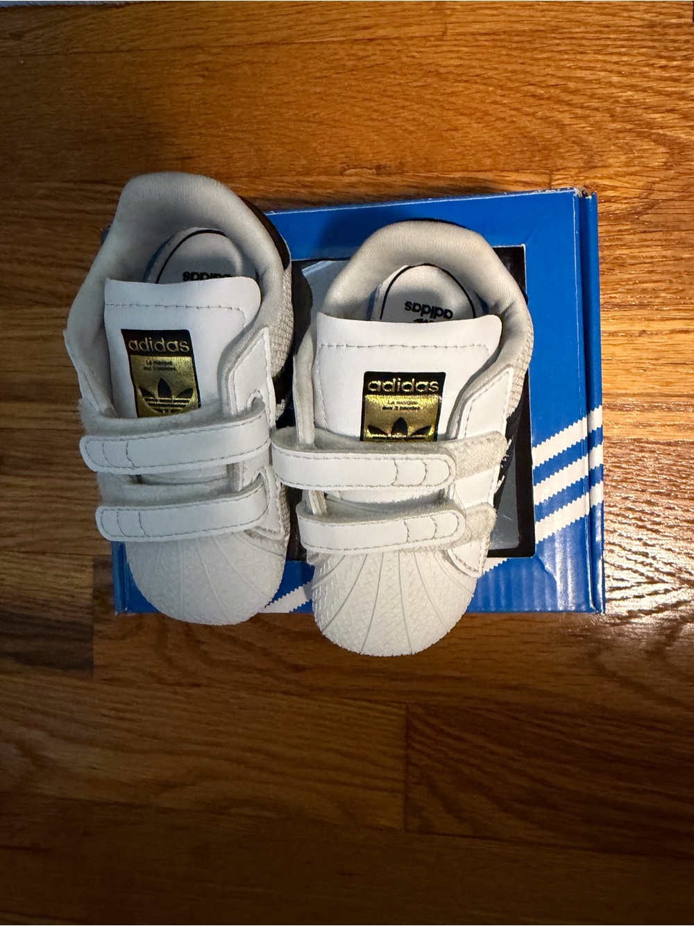 adidas White Baby Superstar Velcro Shoes with Gold Logo